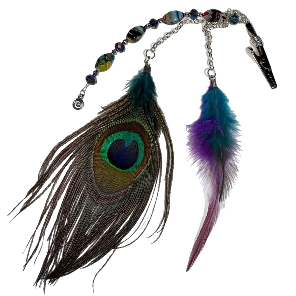 Boho‎ Peacock Feather Hairclip – Handcrafted Beads & Colorful Flair - Picture 4 of 6
